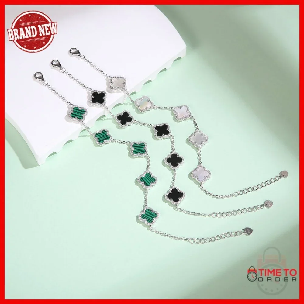 925 Sterling Silver Adjustable Malachite Clover Charm Bracelet